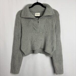 Abercrombie Fitch S Gray Half Zip Fur Furry Long Sleeve Side Split Crop Sweater